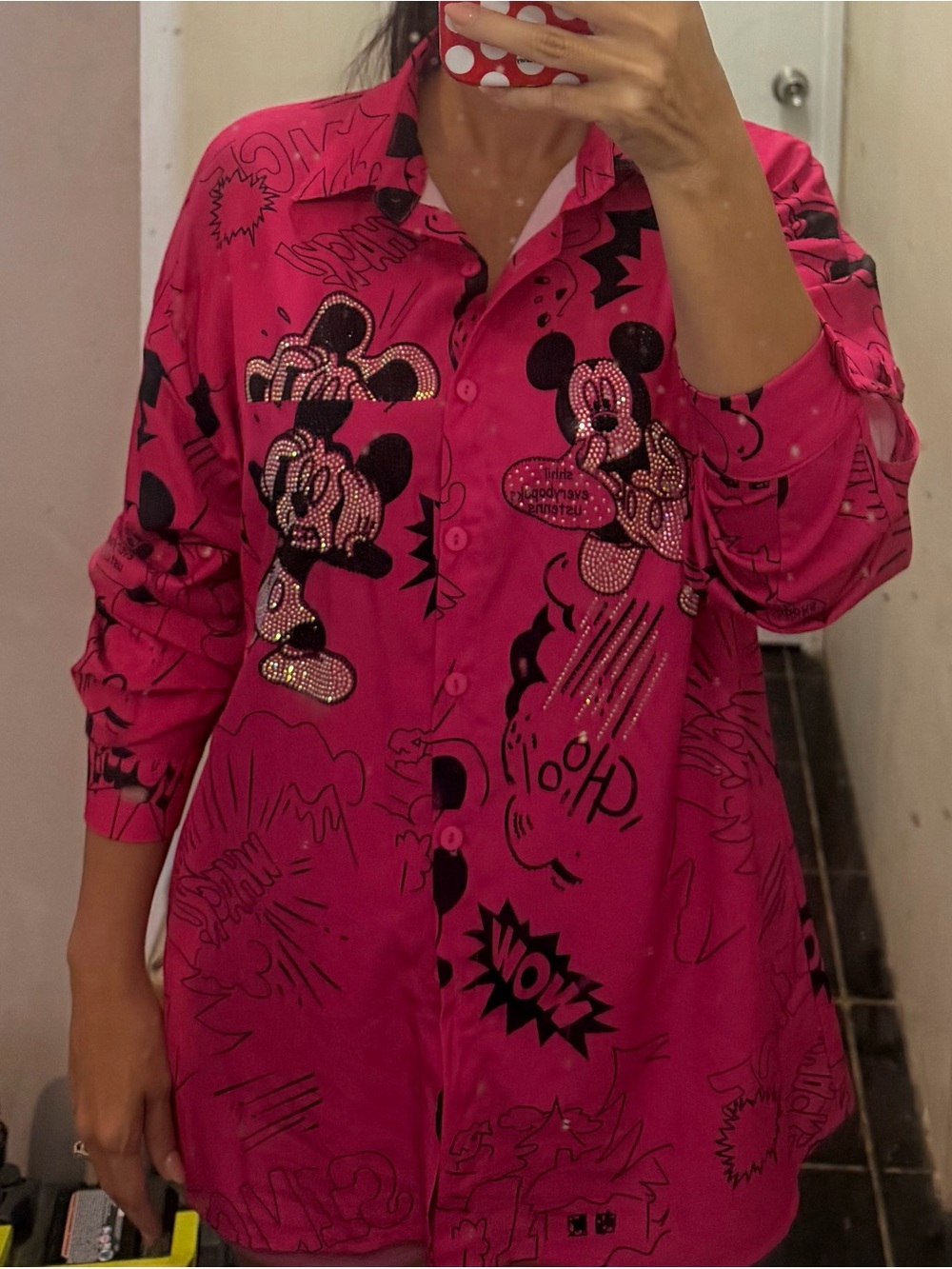 Disney Pink Rhinestone Mickey Button-Front Blouse